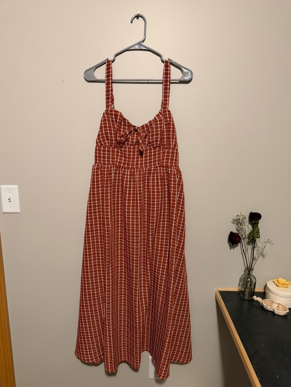 Workshop Republic Clothing Rust Plaid Midi Dress with Front Tie